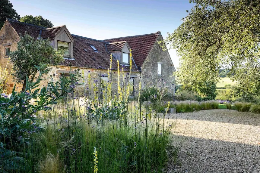 In the sunny gravel garden situated to the front of the house, plants suited to the hot, dry conditions, including Verbena bonariensis, Erigeron karvinskianus, Oenothera stricta, the grass Stipa tenuissima, fennel and verbascums, are allowed to self-seed freely.