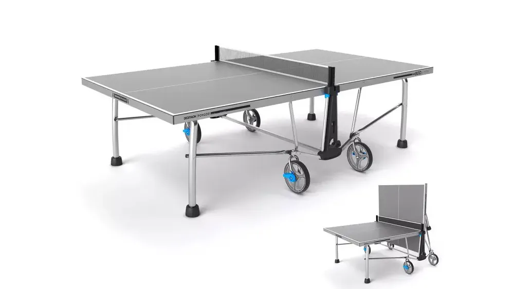 A table tennis table and a miniature version in the corner on a white background.
