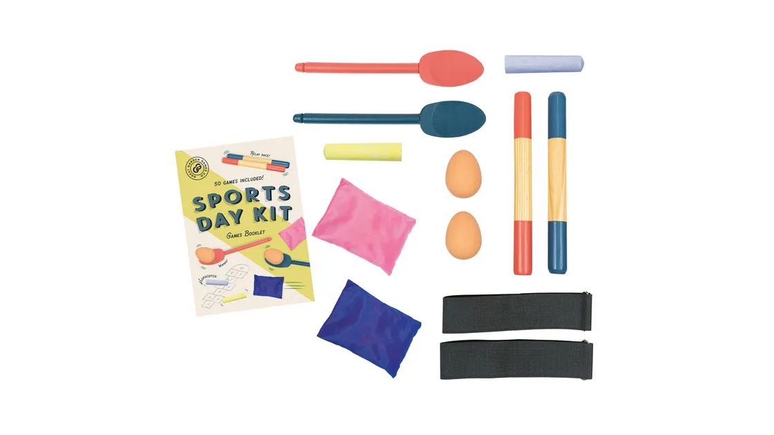 A sports day set with spoons, eggs, batons, beanbags, chalk and tags.