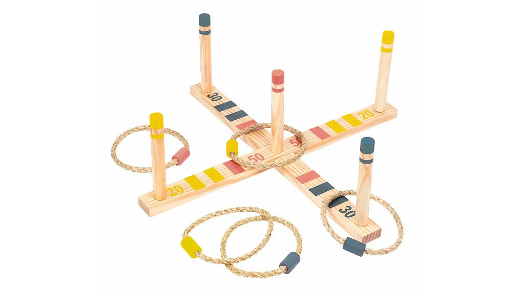 A game of wooden ring toss on a white background.