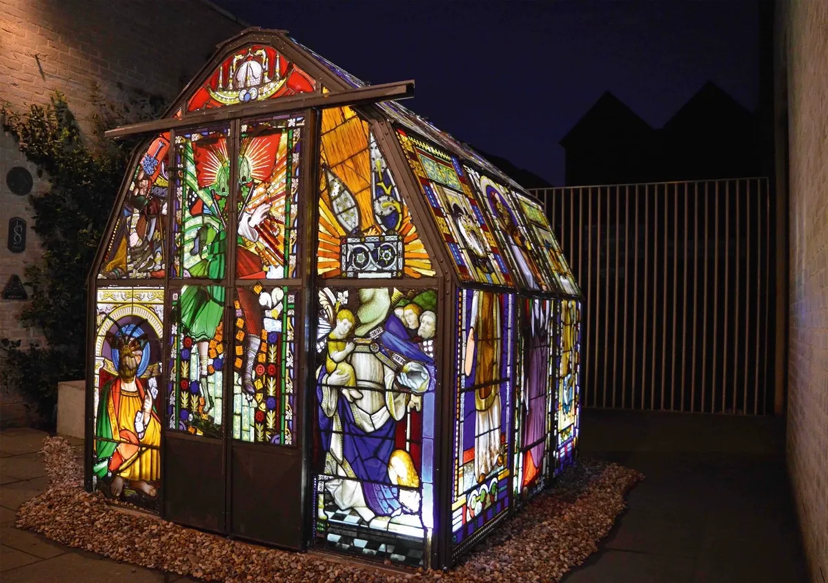 Sacré blur, a greenhouse installation, is the work of Tony Heywood and his partner Alison Condie. The duo used more than 2,000 pieces of salvaged stained glass to create this fabulous fantasy world