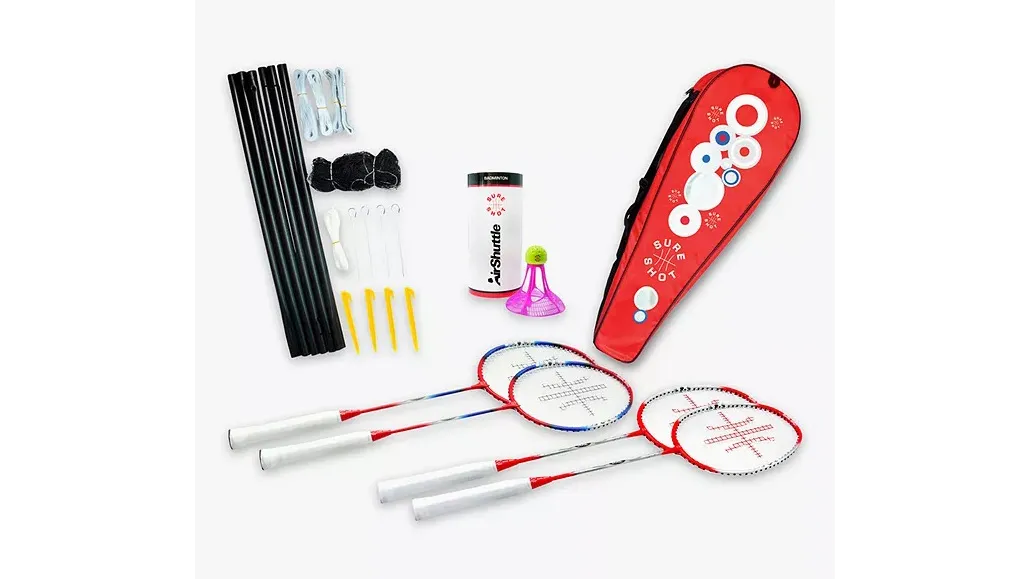 A badminton set with four rackets, a bag, a shuttlecock and a net.