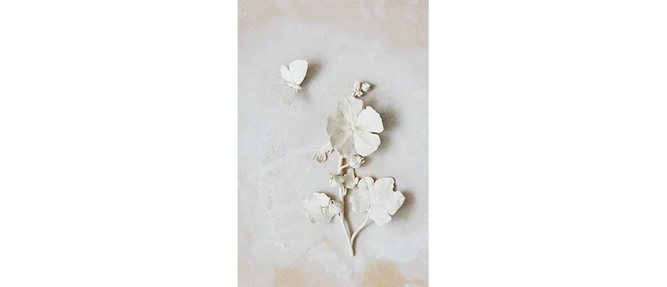 Most of Kaori’s work is designed to be wall-hung and so she makes her sculptures, such as this hollyhock, in pieces, assembling them on installation.