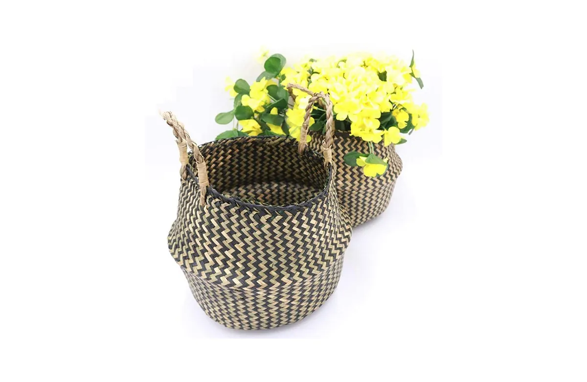 YSGLIFE Creative Folding Handmade Woven Rattan Seagrass Tote Belly Basket on white background