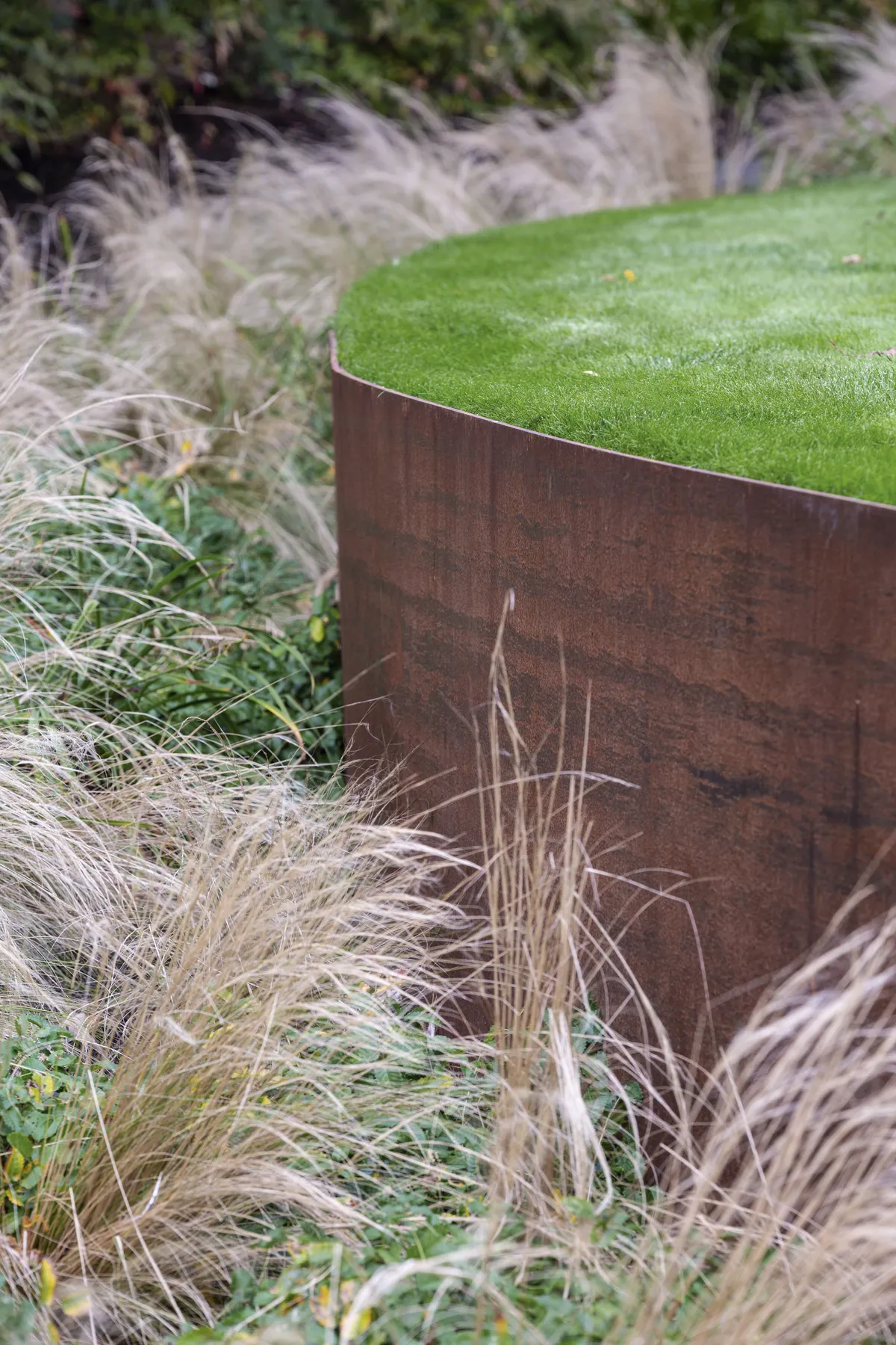 The flat lawn, created with “golf course technology” (and excellent drainage) is kept aloft by a retaining wall of rusted Corten steel. The curve is held in place by steel fins, anchored into concrete foundations. As the grey brick path descends around the side, the rusted vertical becomes more noticeably a backdrop to the changing hues of Stipa tenuissima, as well as Panicum virgatum ‘Rehbraun’ and Sanguisorba ‘Tanna’.