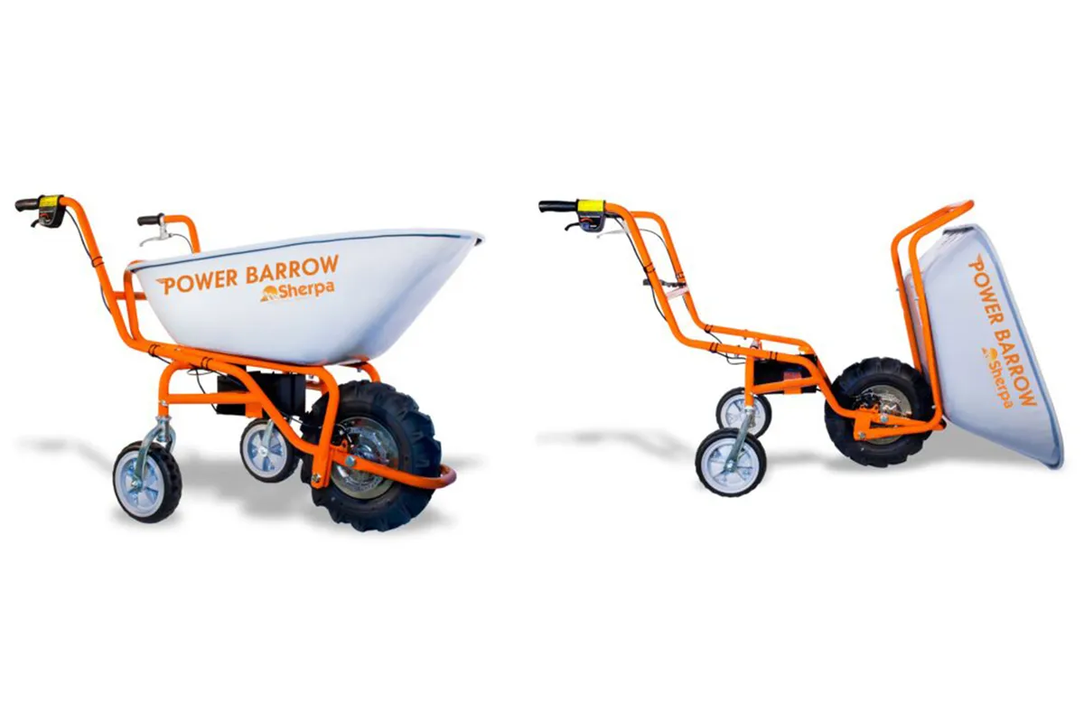 Sherpa Tools Power Barrow Cordless Wheelbarrow in normal position and tipping on a white background