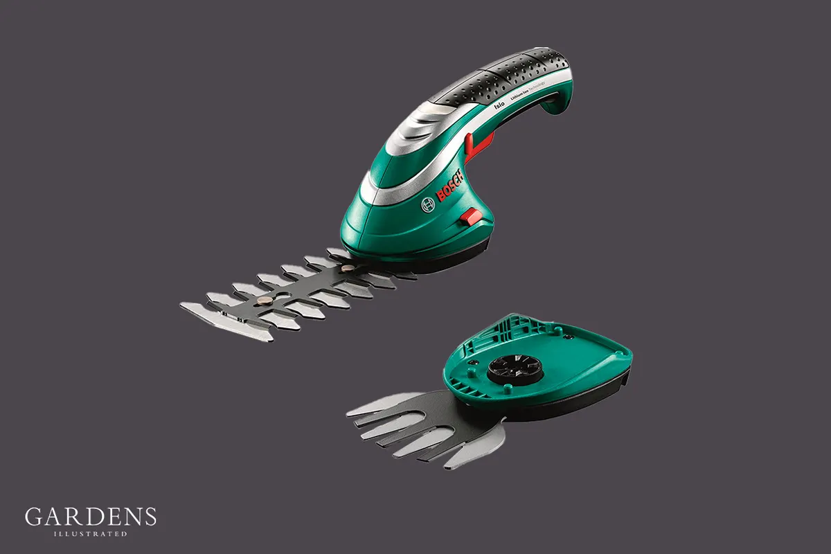 Bosch ISIO Cordless Shape & Edge Hedge Trimmer on a grey background
