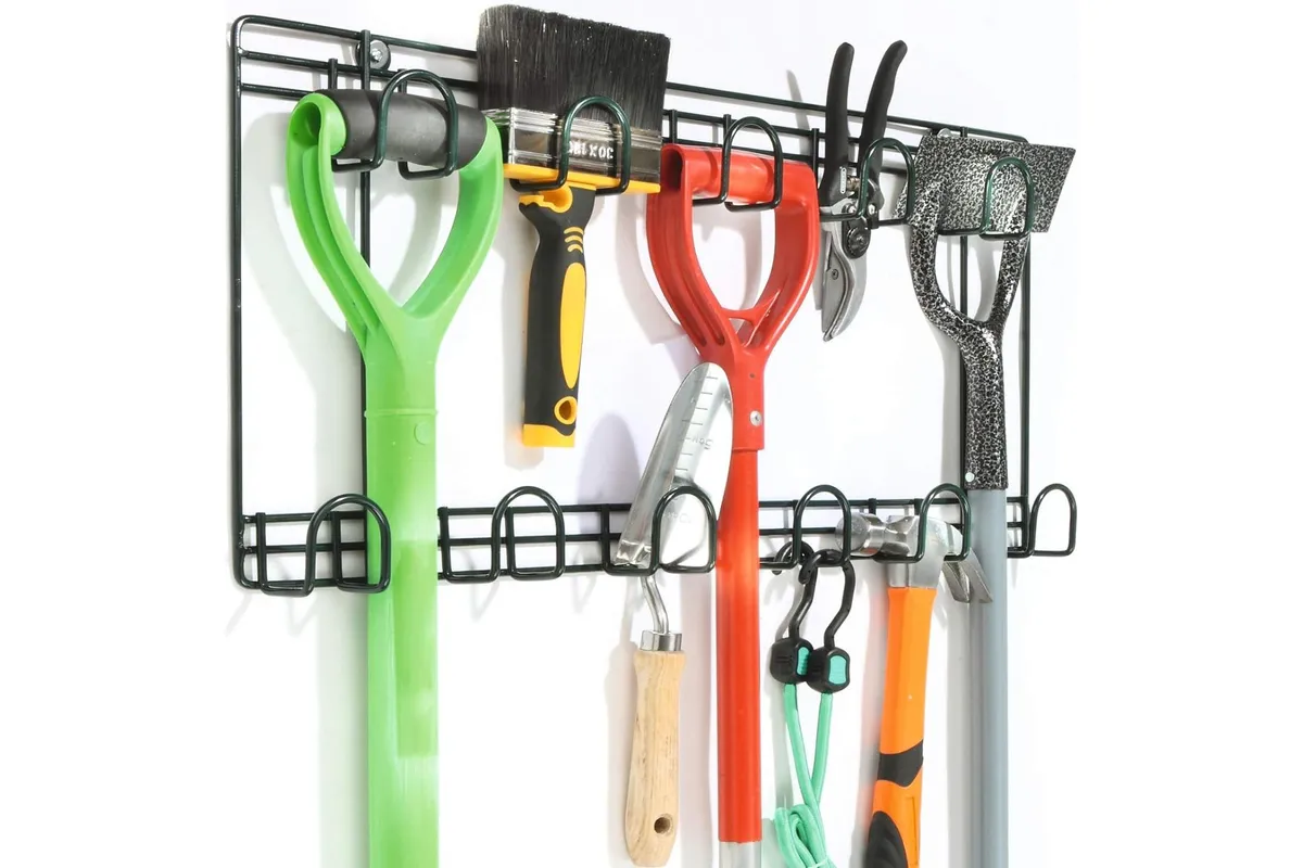 Double Garden Tool Rack with tools on a white background