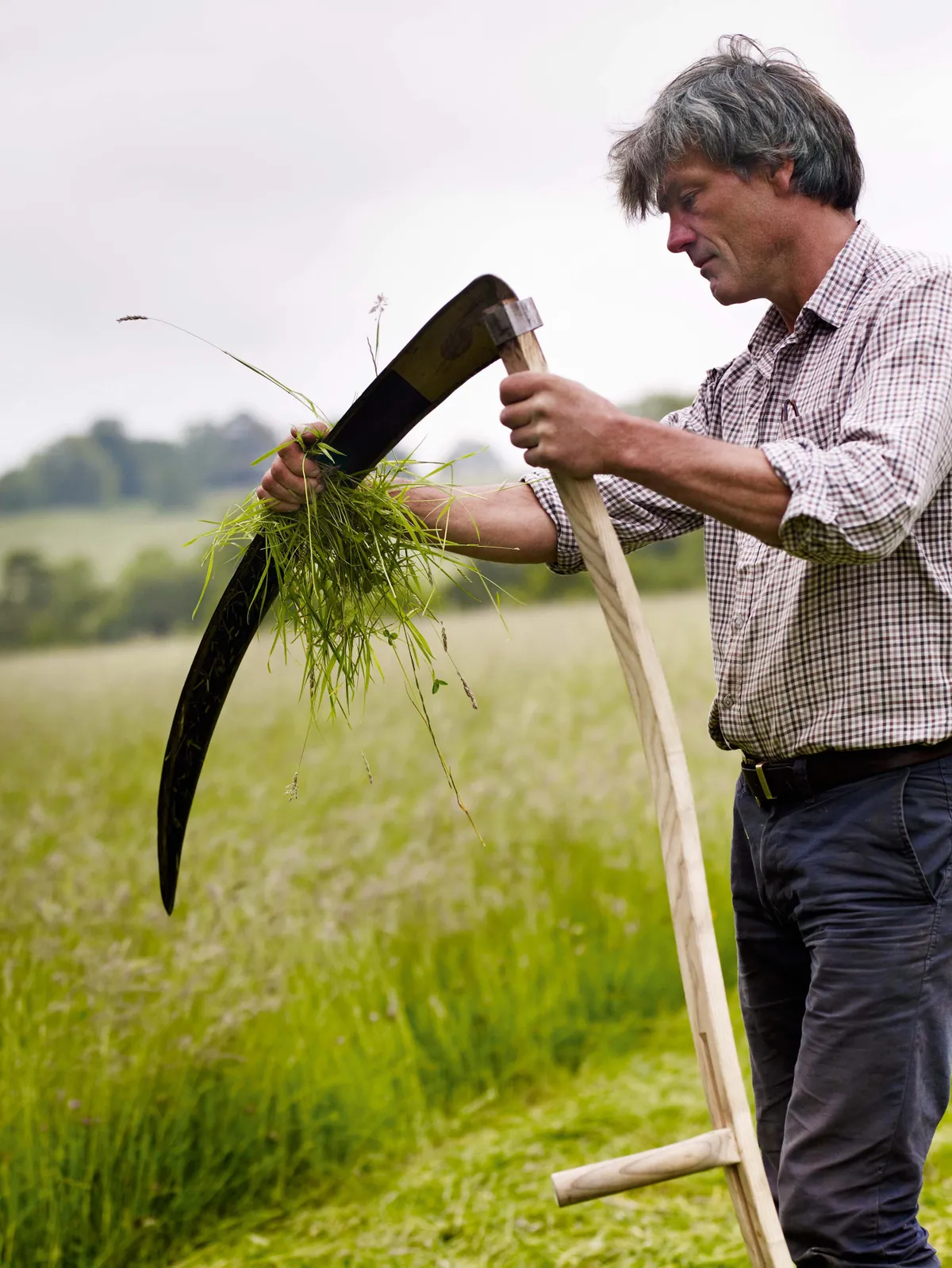 Simon Damant scything in a field at the Wimpole Estate