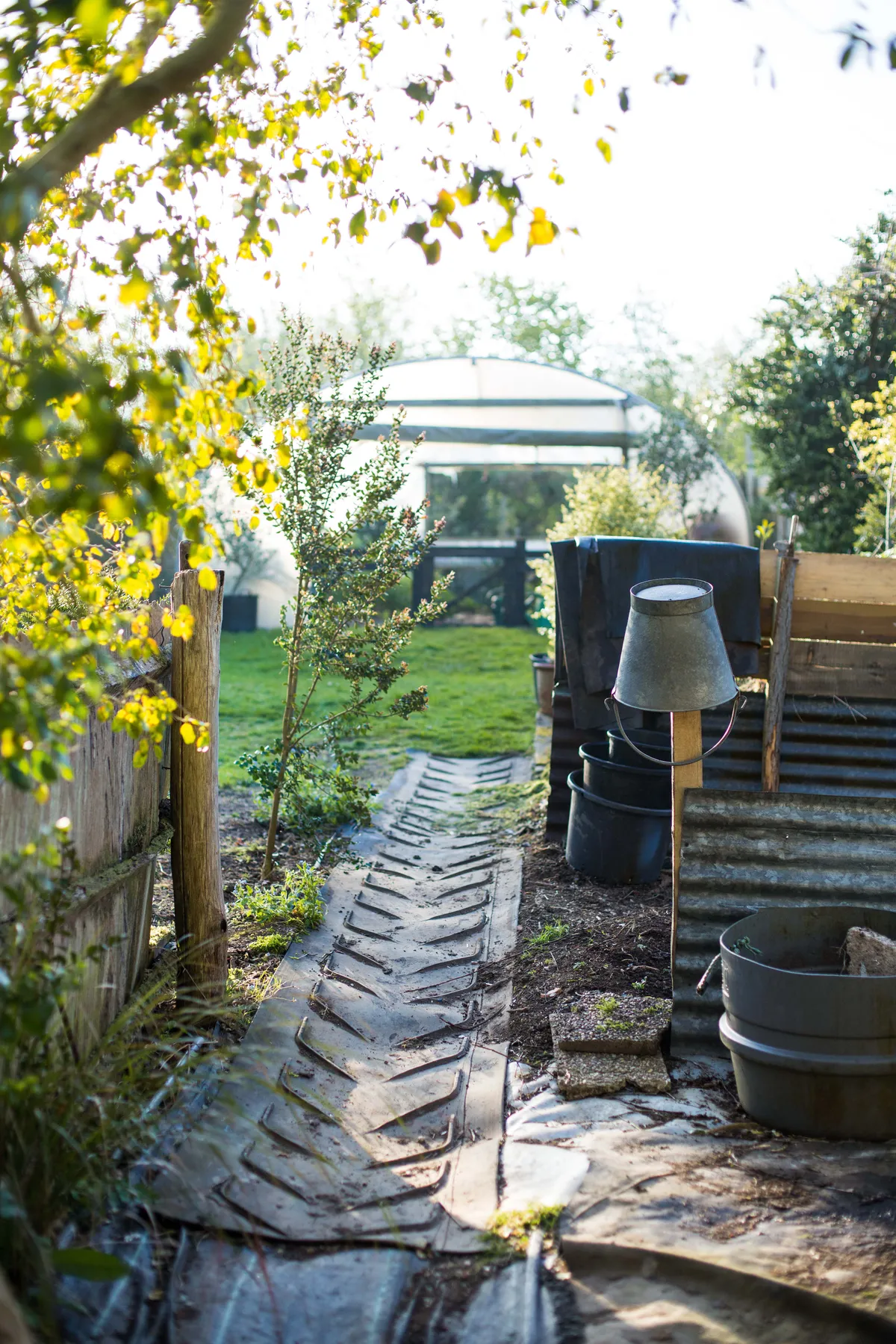 Industrial conveyor belt material used as path in Charlotte Molesworth's garden