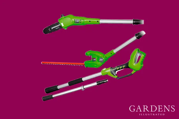 Greenworks Cordless Long Reach Hedge Trimmer and Tree Pruner on a pink background