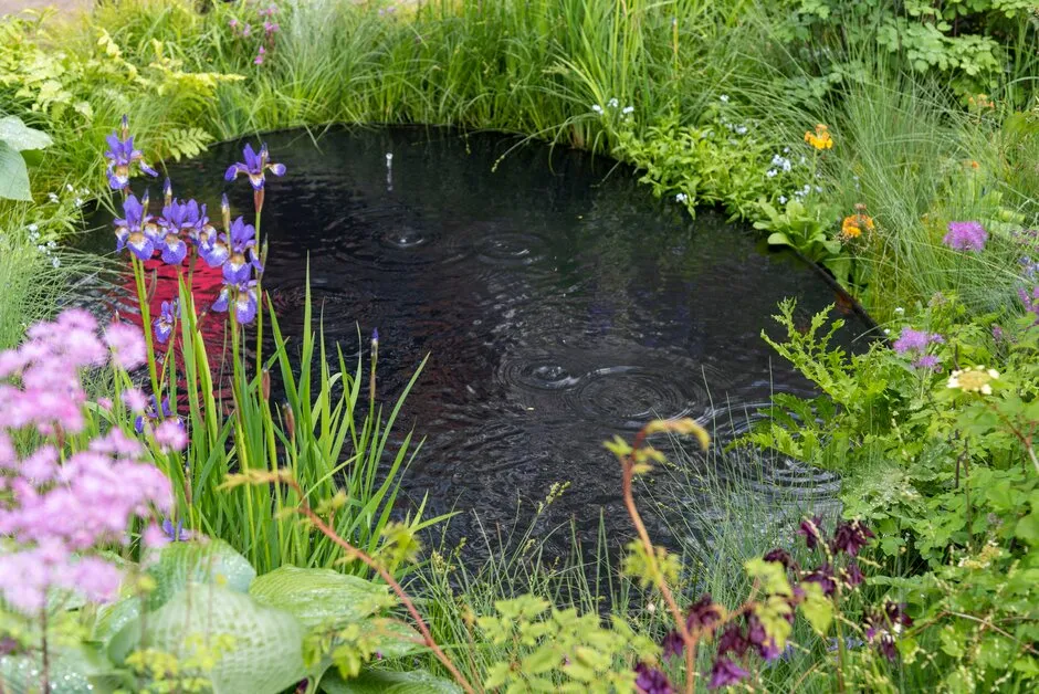 The water feature in the Boodles British Craft Garden. Designed by Thomas Hoblyn. RHS Chelsea Flower Show 2023.