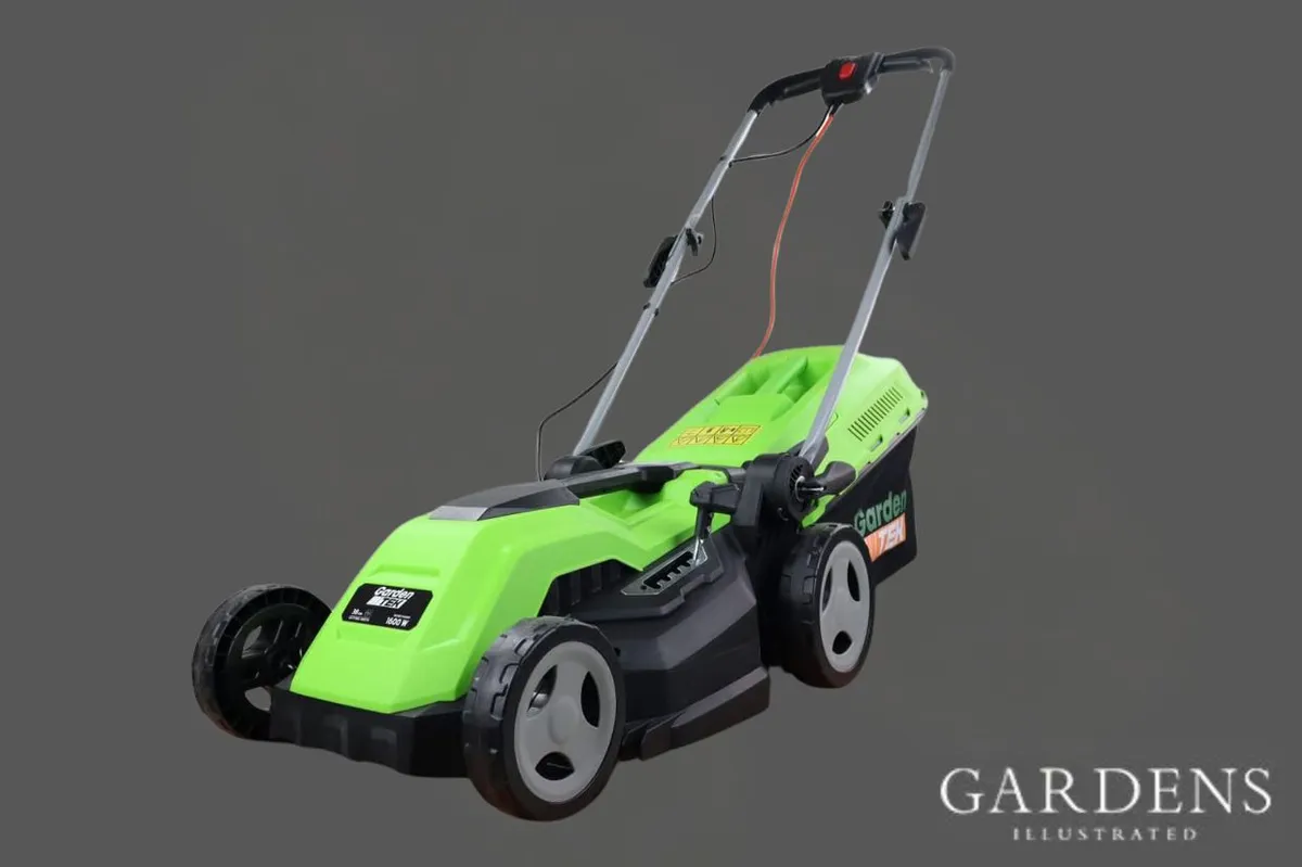 GardenTek Corded Electric Mulching Mower on a grey background