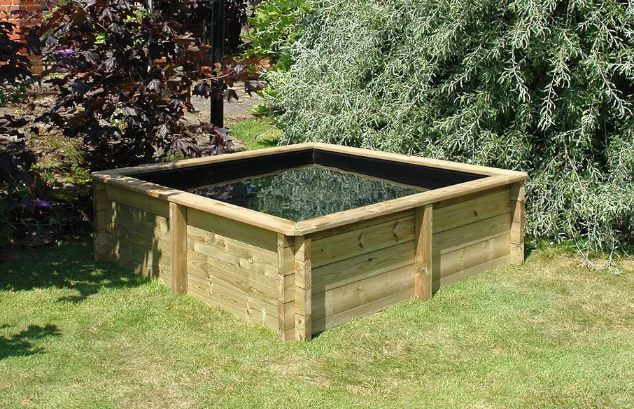 Square Wooden Raised Pond in a garden