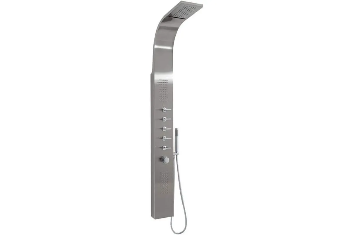 Chrome thermostatic outdoor shower tower on a white background