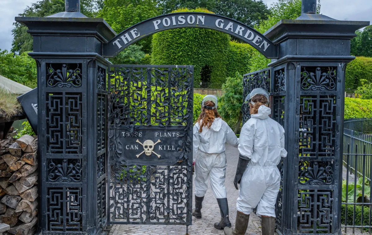 The gated entrance to the Poison Garden at Alnwick Garden, complete with skull and crossbones to emphasise its deadly contents.