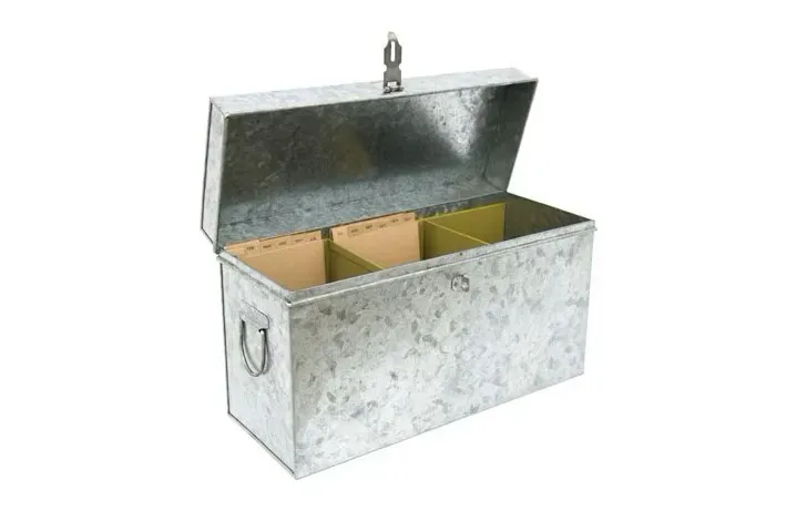 Lockable galvanised calendar seed trunk on a white background