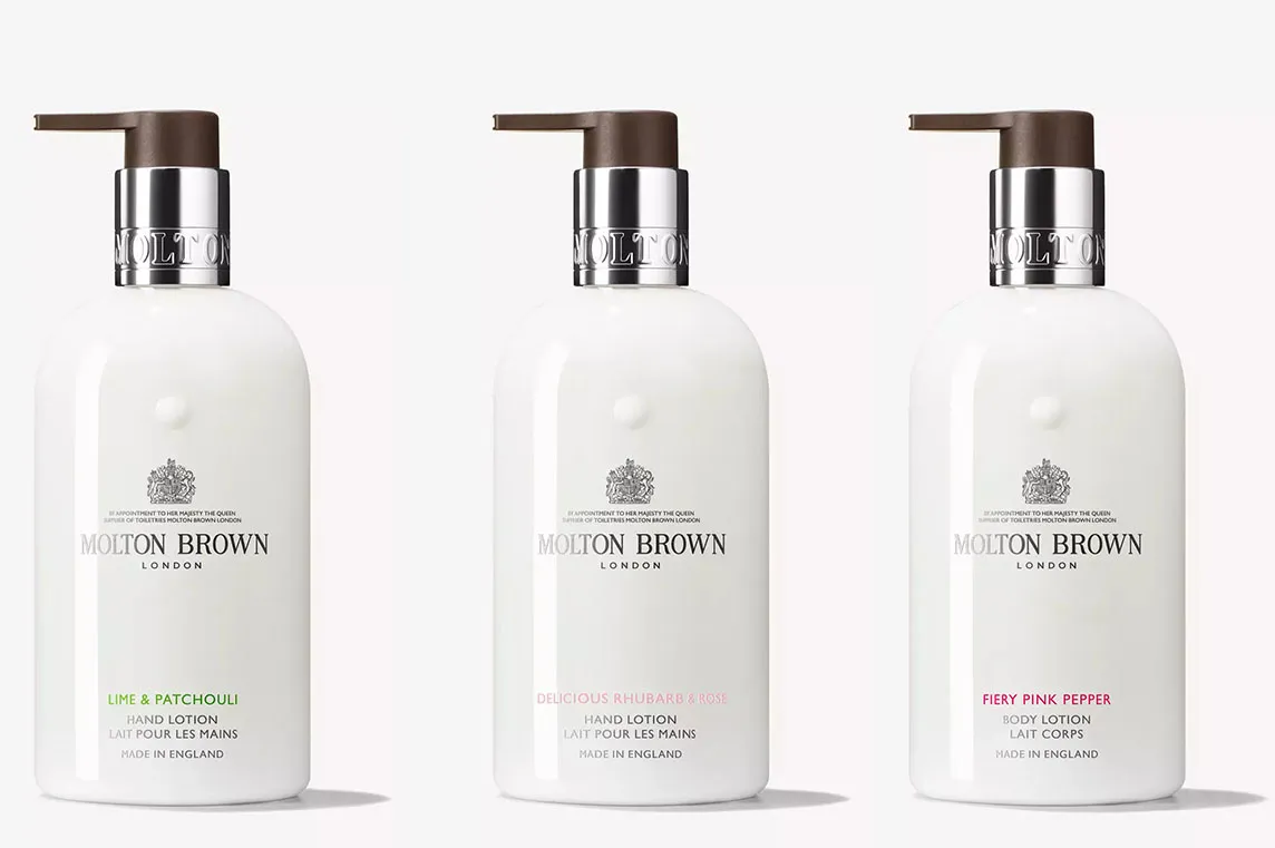 Molton Brown hand lotions on a plain background