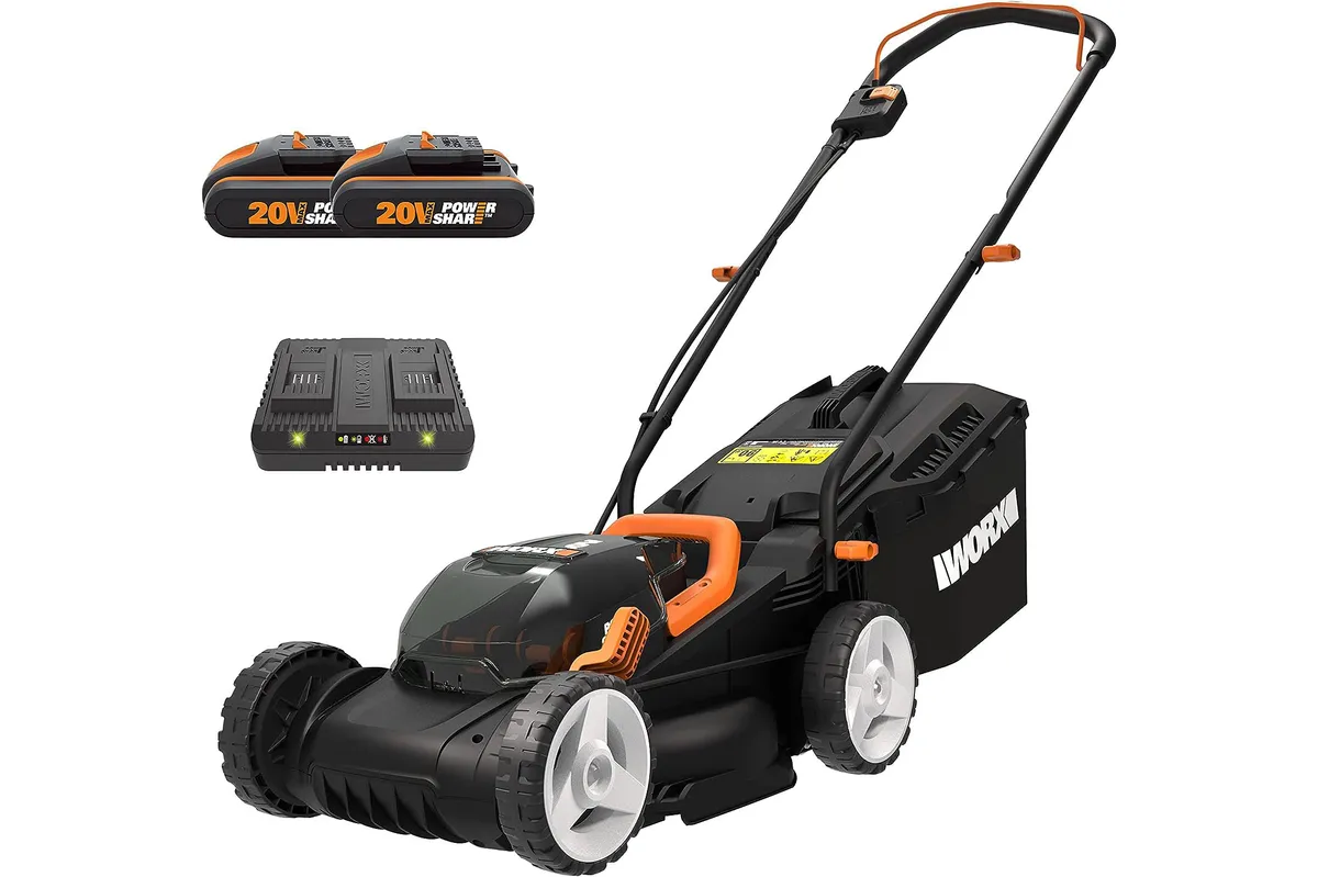 WORX Cordless Lawn Mower with 2 x 20 V Batteries on a white background
