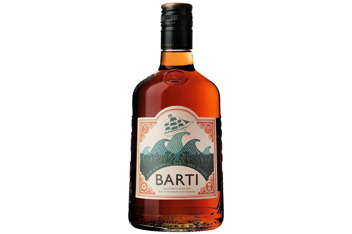 Barti Ddu Rum bottle on a white background