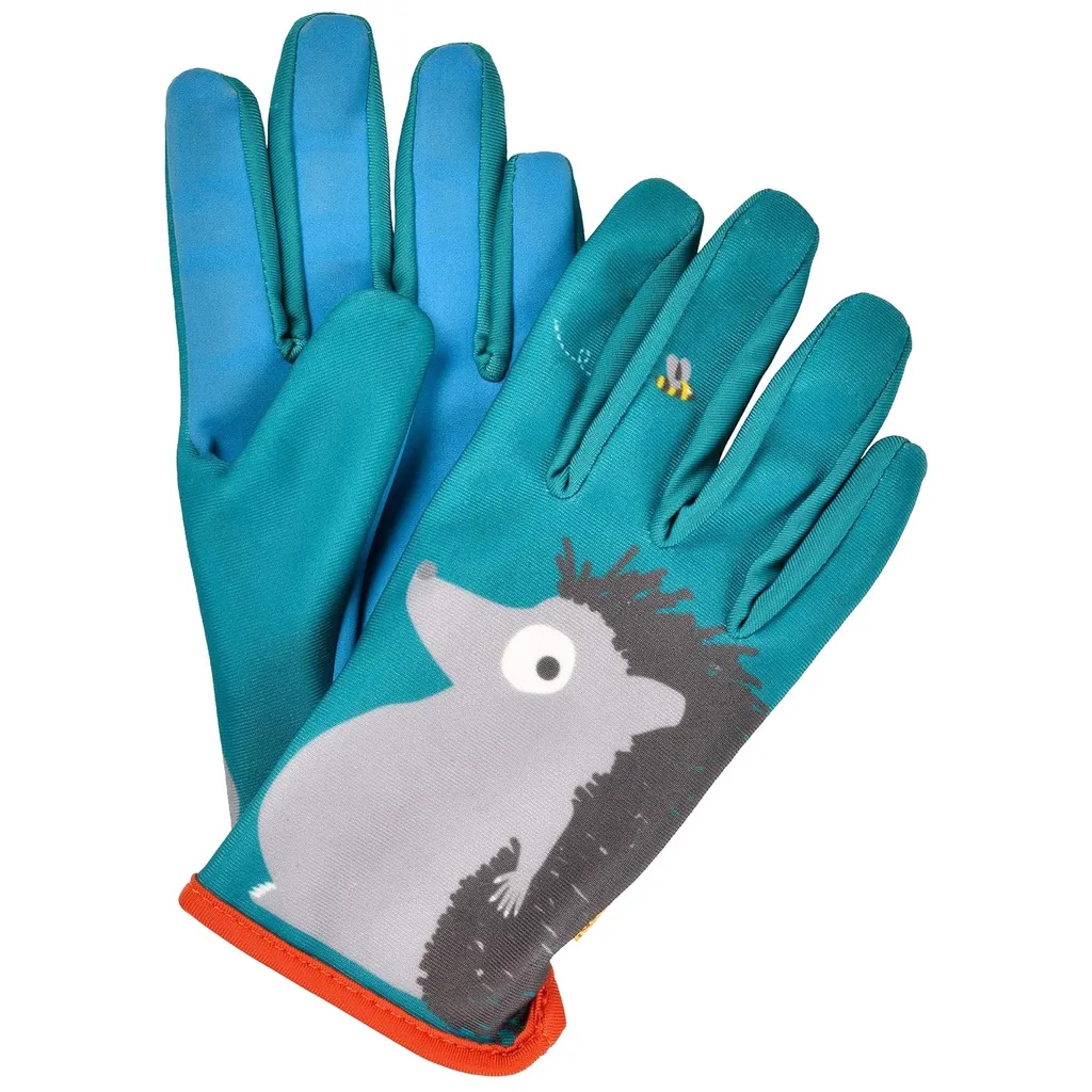Children's hedgehog gardening gloves on a white background