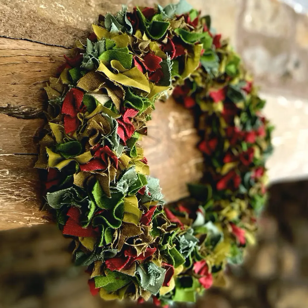 Christmas rag wreath on a mantle