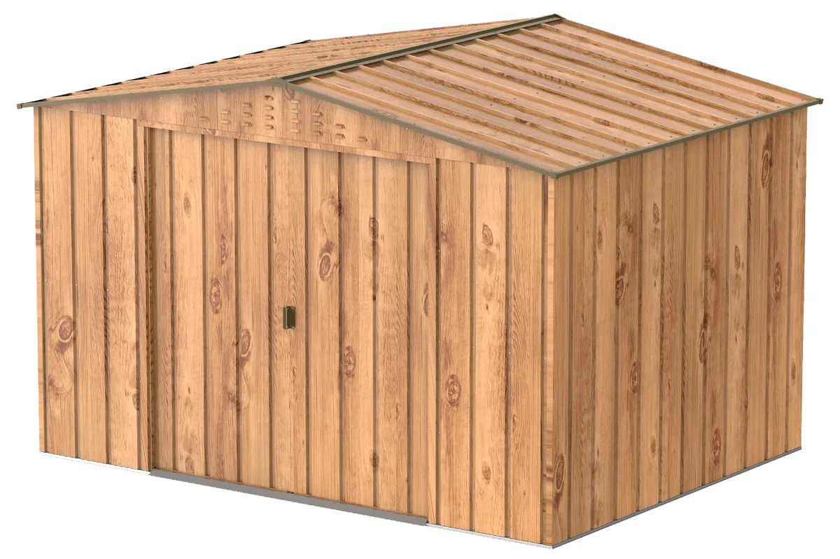 BillyOh Top Woodgrain Apex Metal Shed on a white background