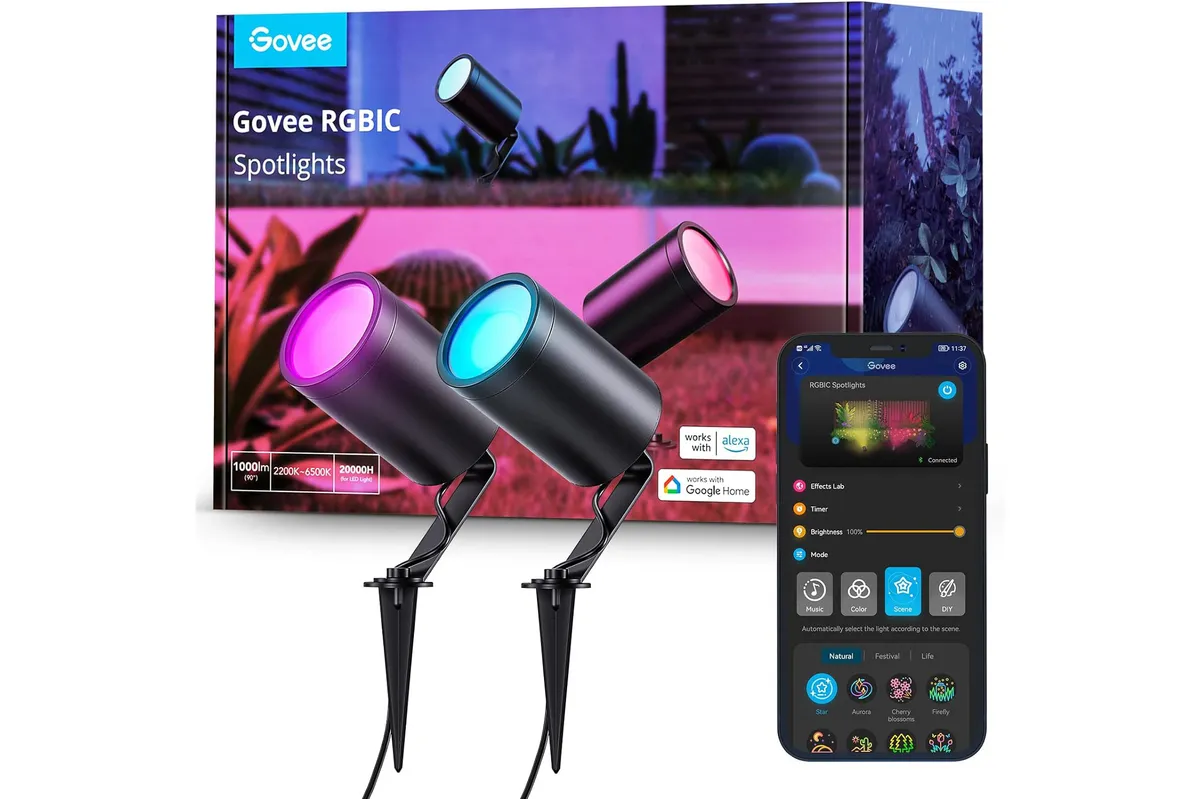 Govee Outdoor Spot Lights with box and phone app on a white background