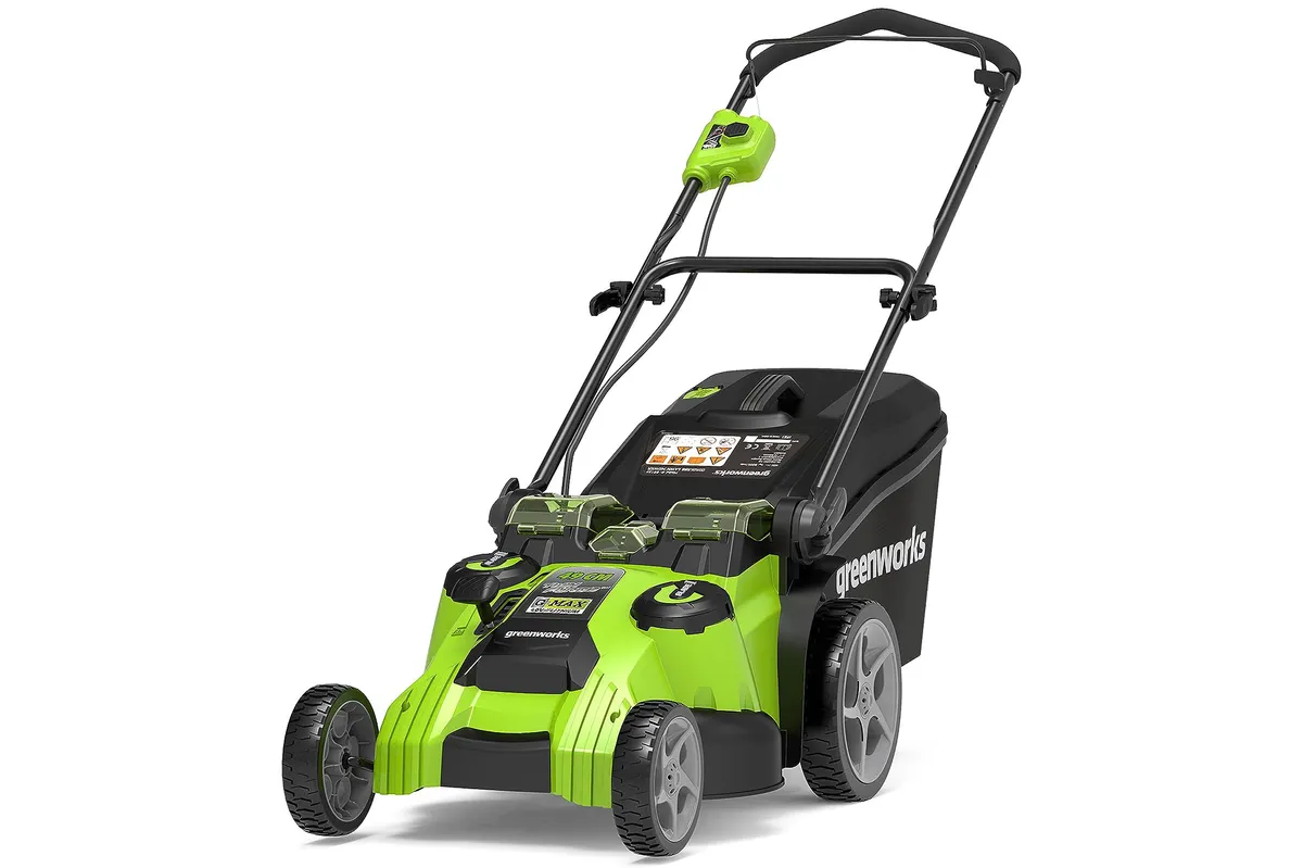Greenworks battery-powered lawnmower on a white background