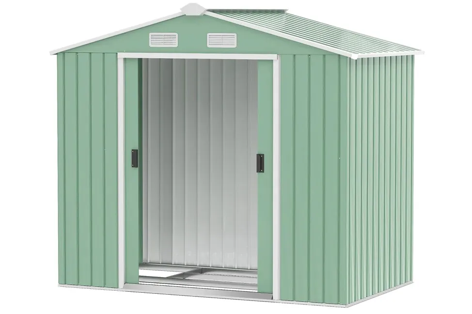 Outsunny 7ft x 4ft Garden Shed in light green on a white background