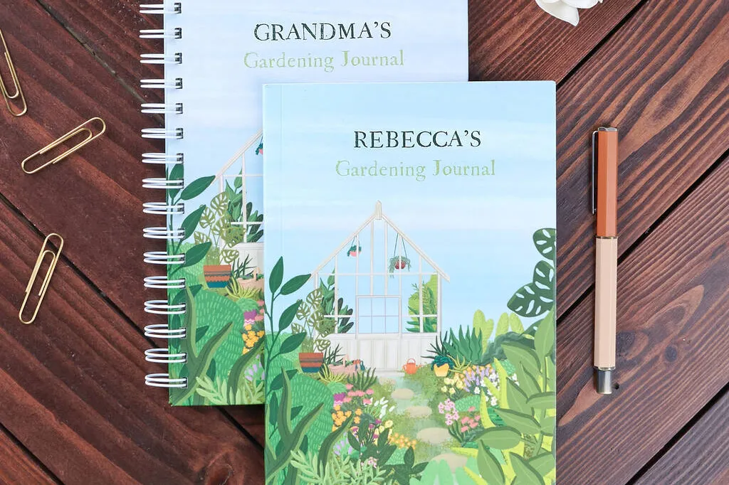 Personalised Gardening Journals on a wooden table