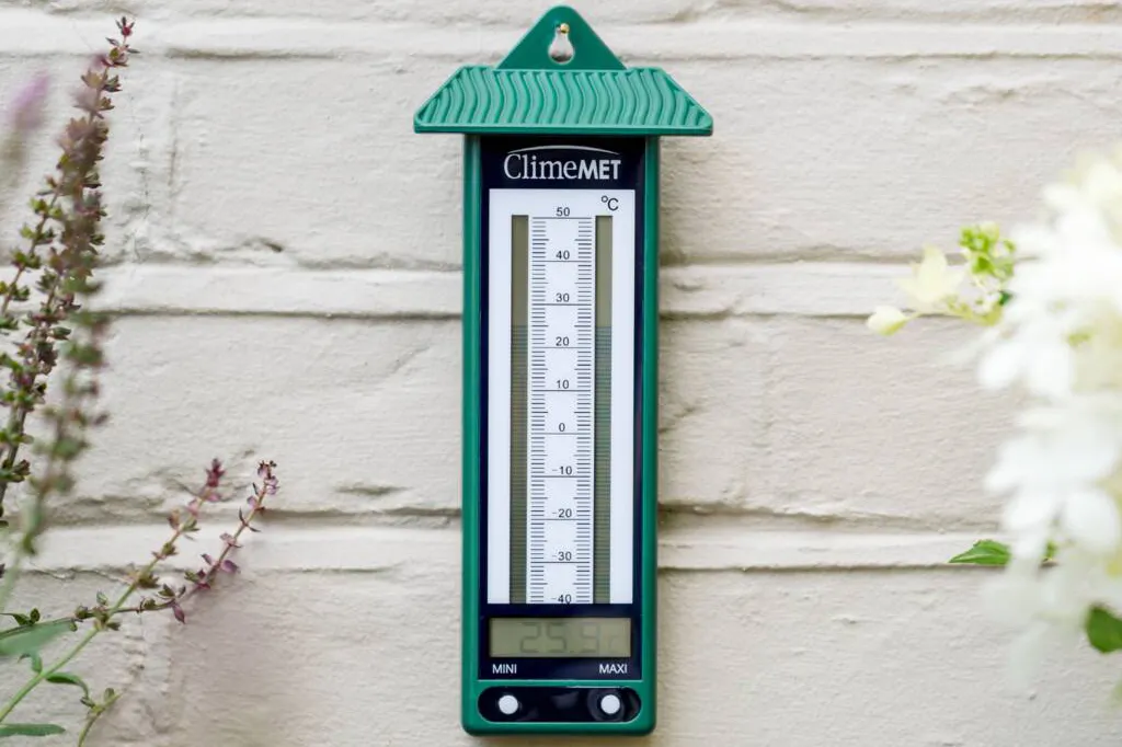 ClimeMET Min/Max Thermometer on a white brick wall