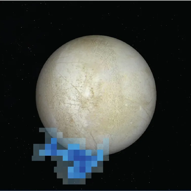 The location of ionized oxygen and hydrogen (strongly pixellated) detected by the Hubble Space Telescope in December 2012, superimposed on a Galileo image of Europa. Until now, this was the only evidence of active plumes © NASA/ESA/L. Roth/SWRI/University of Cologne