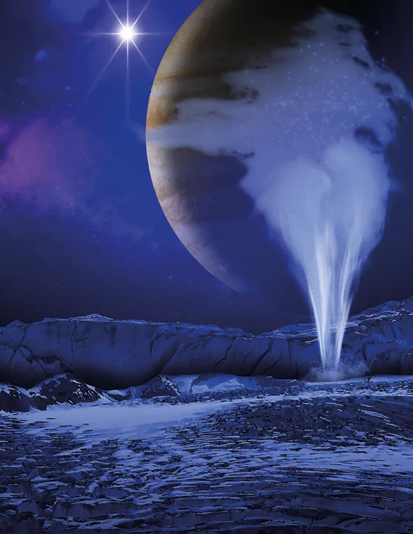 Artist’s impression of a water vapour plume on Europa, one of Jupiter’s moons © Richard Menchaca/NASA