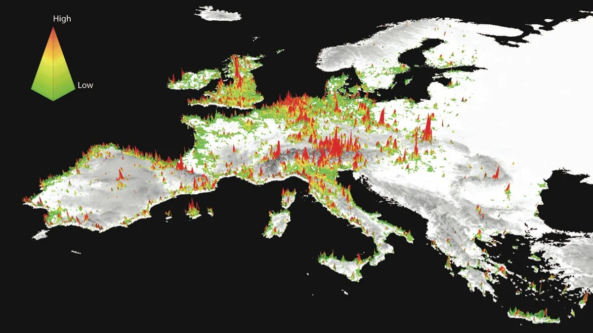 A 3-D map shows social media posts to photo-sharing platforms in the European Union © Center for Geospatial Analytics, North Carolina State University