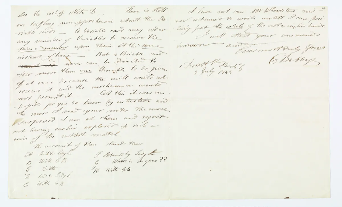 Charles Baggage’s letter to Ada Lovelace © Bodleian Library, University of Oxford