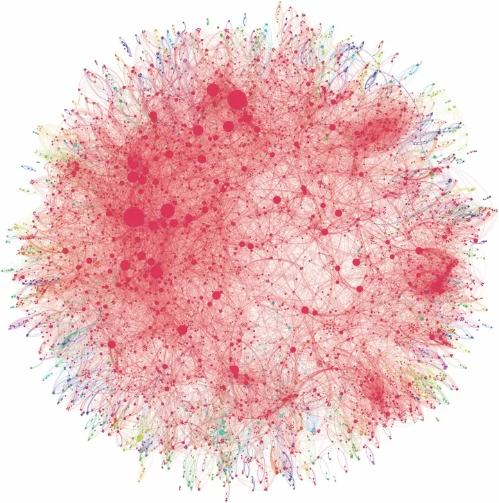Image of the network of collaboration among authors of research papers about the hepatitis C virus. Each of the 8,500 circles is a single author; the lines between spots represent co-authorship on scientific papers. Large circles indicate authors who are well connected and have authored multiple papers with different people. © Andrew Lamb (social-physics.net)