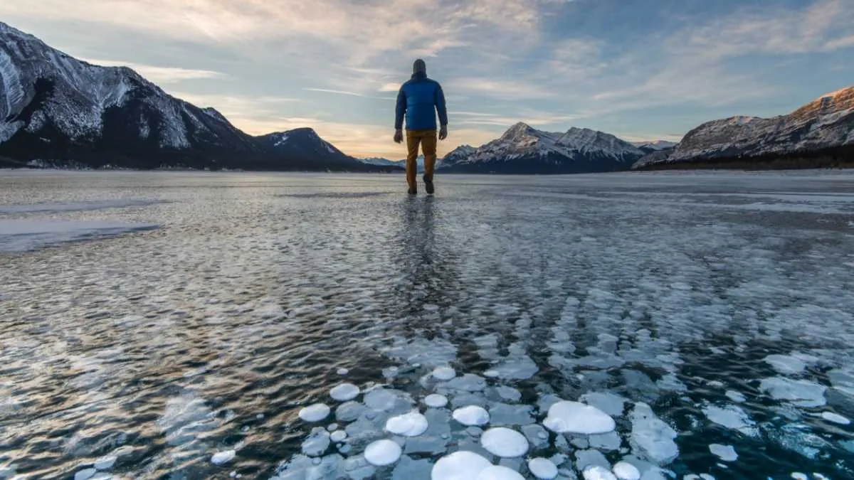 A man in Alberta, Canada, stands on frozen lake surface with bubbles of methane trapped in the ice © Ascent/PKS Media Inc/Getty Images