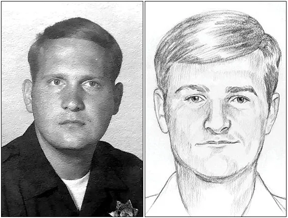 Joseph DeAngelo, the Golden State Killer, during his years as a police officer, and (right) a 1976 police sketch of the killer