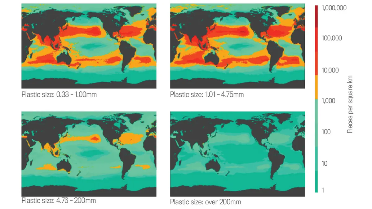 At least five trillion pieces of plastic are floating in our seas. The majority are microplastics measuring under 5mm. These maps show the density of different sized plastics in each square kilometre of the Earth’s oceans