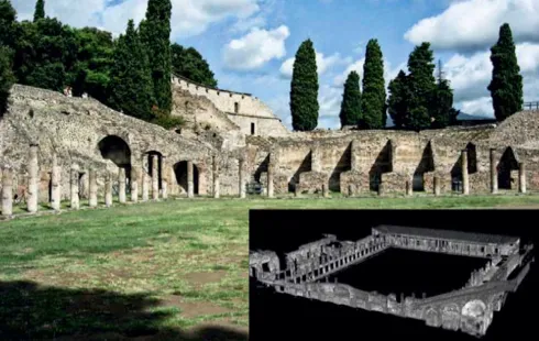 The Pompeii Quadriporticus Project aims to recreate the structure of the city's gymnasium using digital scanning technology (inset)