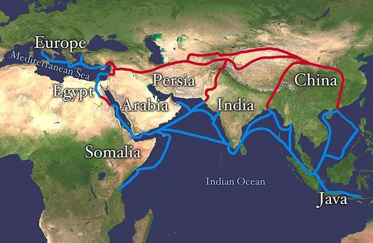 Extent of Silk Route/Silk Road. Red is land route and the blue is the sea/water route. NASA/Wikimedia