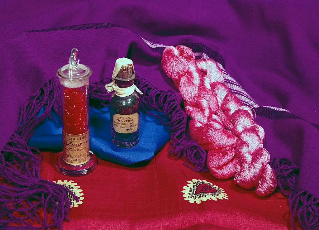 The bottle on the right is a sample of mauveine acetate dye probably prepared by William Henry Perkin (1838-1907) around 1863-1864 © SSPL/Getty Images