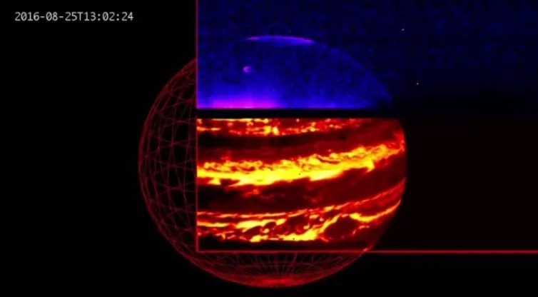 Infrared image showing Jupiter’s aurora (blue) and internal glow (red) © NASA/JPL-Caltech/SwRI/ASI/INAF/JIRAM