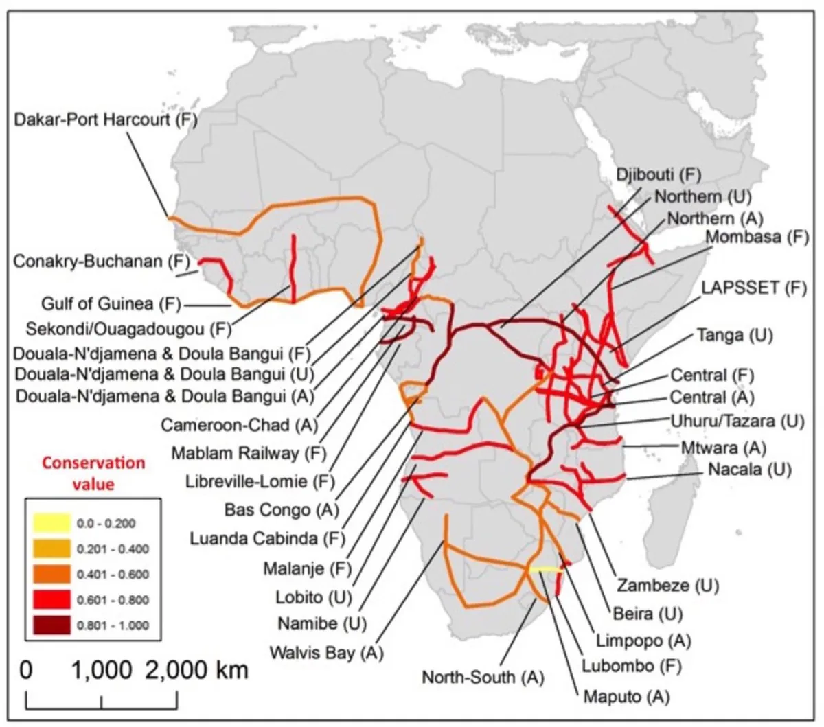 Proposed and ongoing ‘development corridors’ in sub-Saharan Africa, ranked by the relative conservation value of habitats likely to be affected by each corrido © Bill Laurance/Sean Sloan