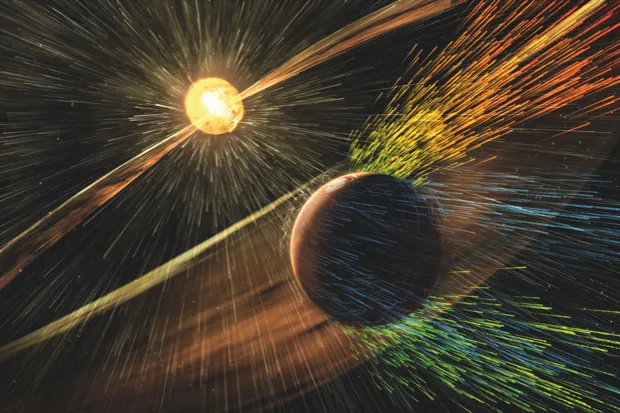 Mars's atmosphere could have been obliterated by the solar wind, as depicted in this illustration © NASA