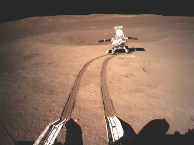Selfie time! The Yutu 2 rover trundles across the Moon's surface, making fresh tracks as it goes © China National Space Administration