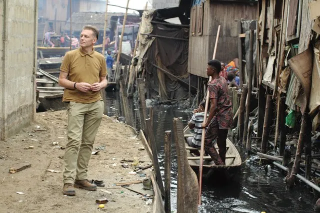 Filming in Makoko, Lagos, Nigeria, for a new BBC documentary called Population With Chris Packham © BBC