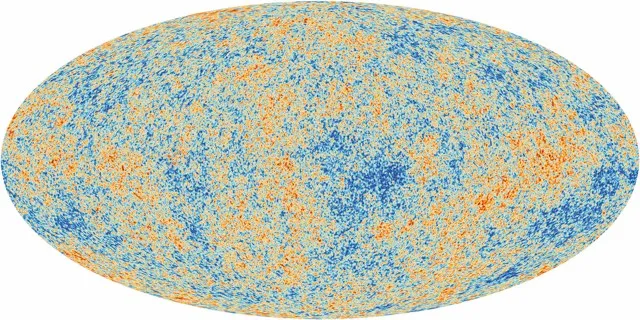 Oval sky map of the cosmic microwave background (CMB), as seen by the Planck satellite. The CMB is radiation left over from shortly after the Big Bang. The different colours are tiny temperature differences, due to density variations after the Big Bang. Denser regions attracted more matter, leading to the formation of galaxies © ESA
