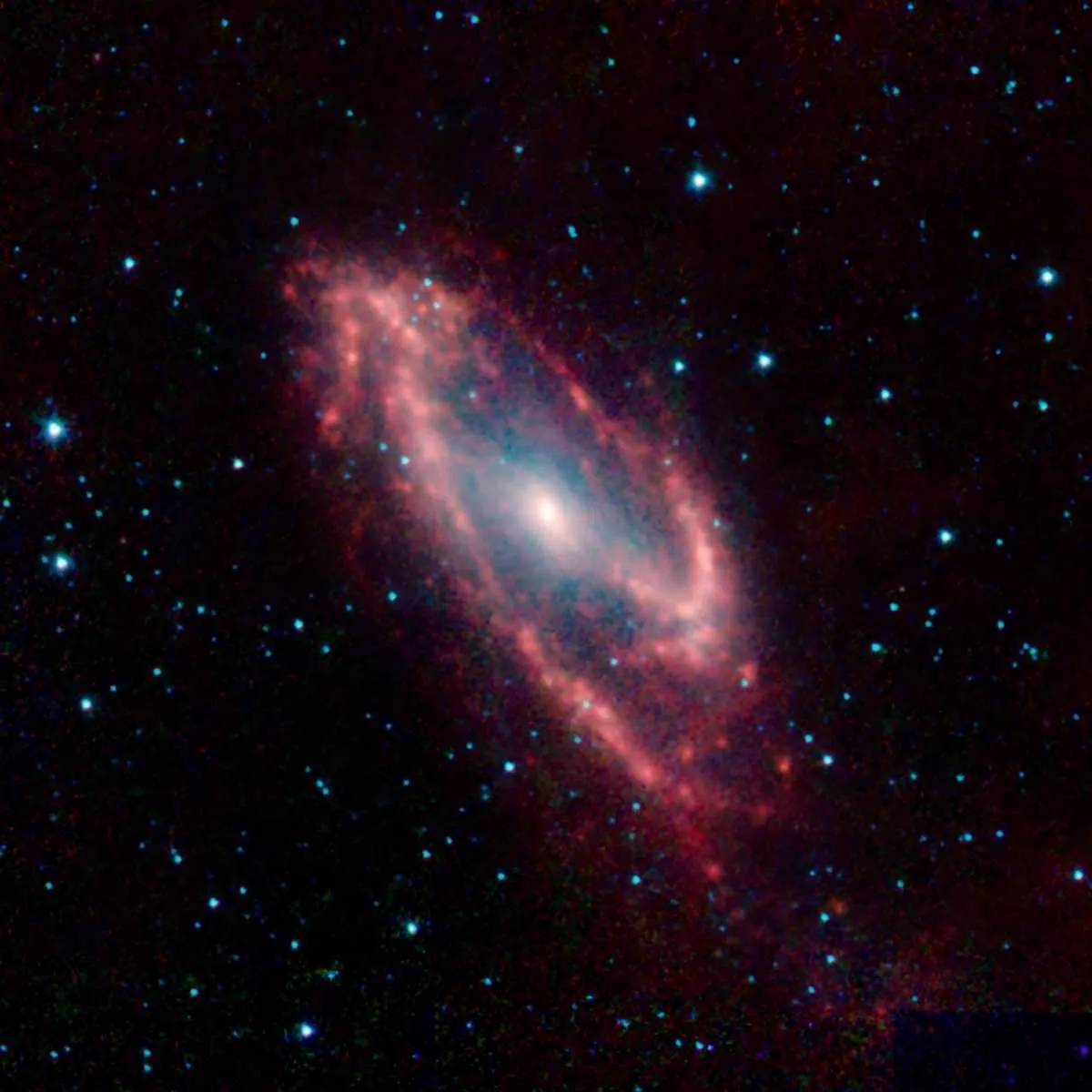 Maffei 2 You'll struggle to see this galaxy with an optical telescope as it is hidden by dust - it's not called the Hidden Galaxy for nothing! To see it in all its magnificence you need to use an infrared camera like the one on the NASA Spitzer Space Telescope. © NASA/JPL-Caltech/UCLA
